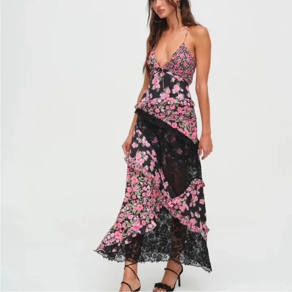 For Love & Lemons Rosalyn Maxi Dress Floral Lace Open Tie Back Black Pink Small - Picture 4 of 12